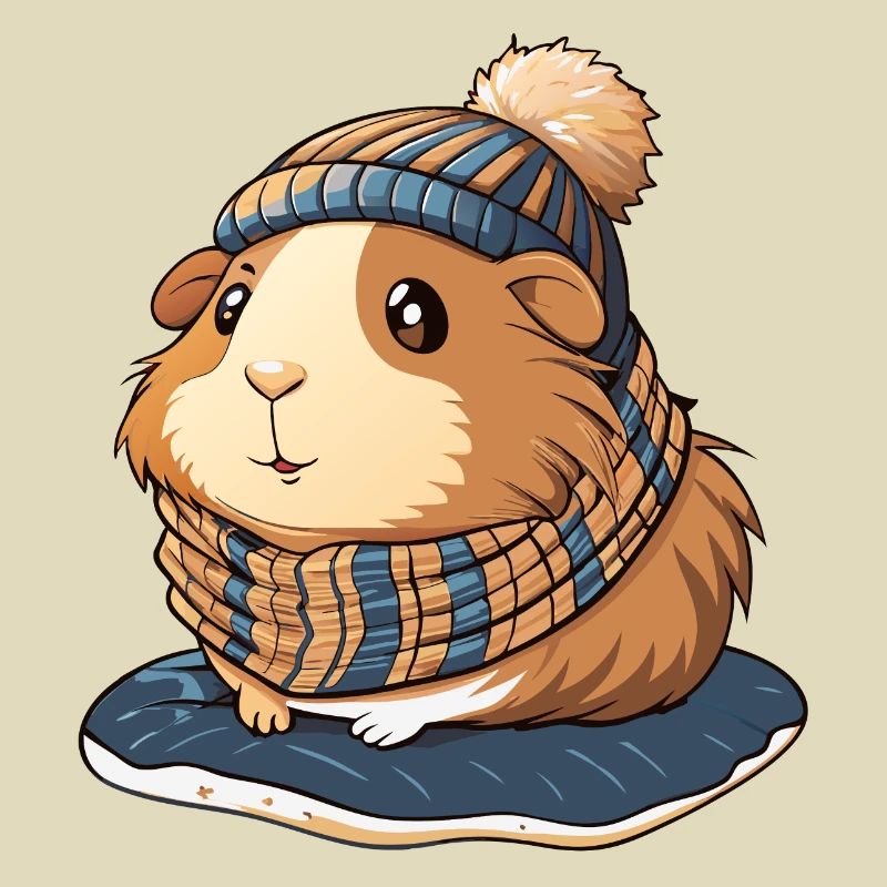 Mignon cochon d’Inde avec écharpe et chapeau à pompon.