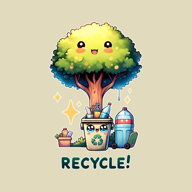 Chibi Niedlicher Baum mit Papierkorb Earth Day recyceln