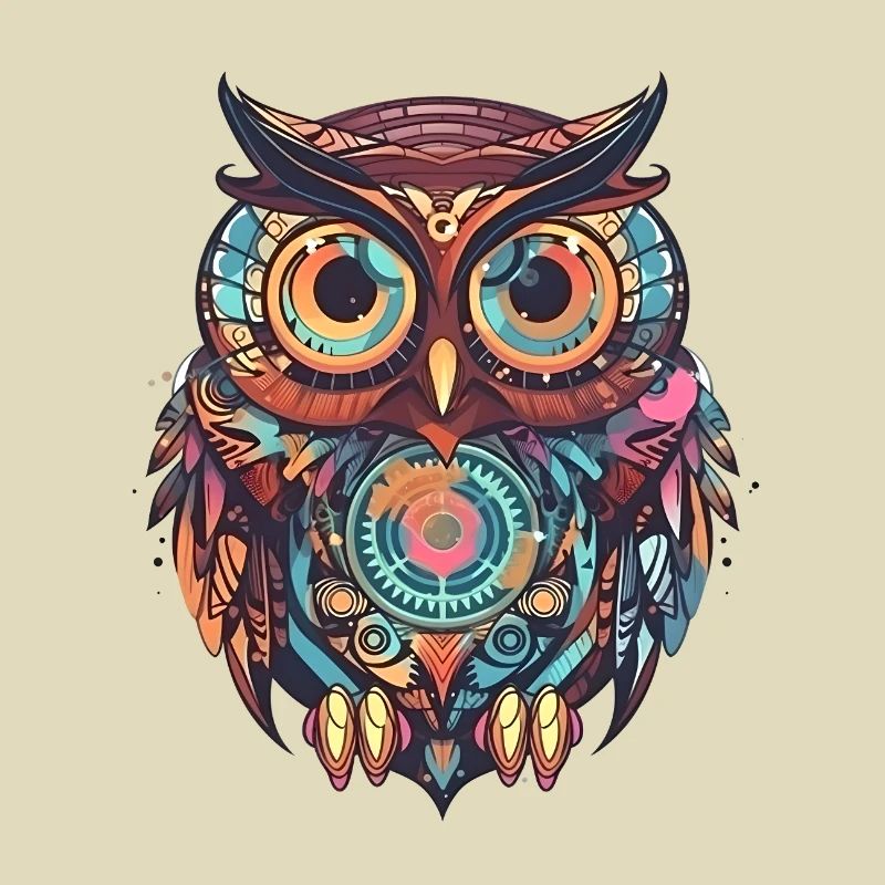 Cute owl with clockwork, comic style, geometric