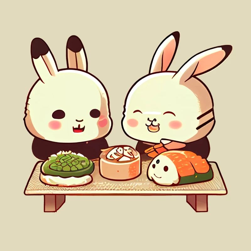De mignons lapins comiques mangent des sushis ensemble