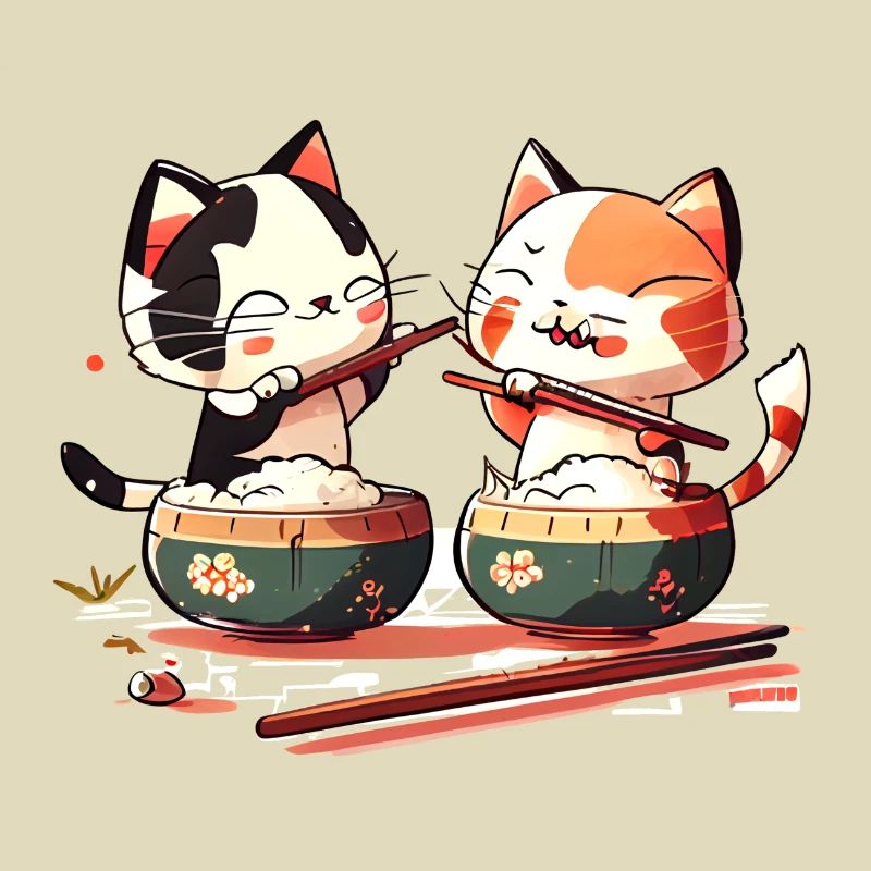 De mignons chats comiques mangent du riz ensemble