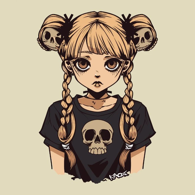 Anime Emo Mädchen mit Zöpfen und Totenköpfen