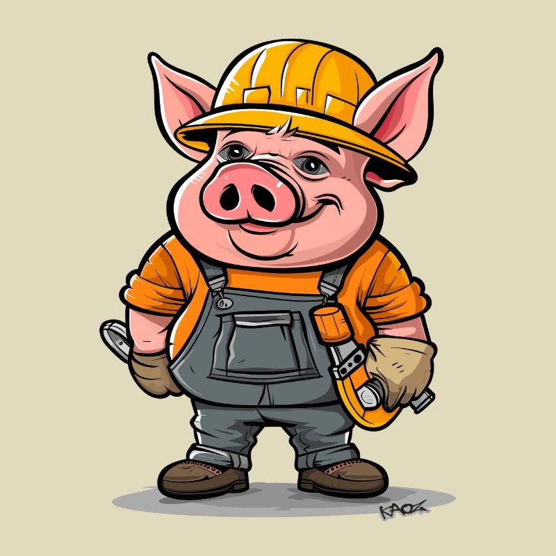 Funny Cartoon Construction Worker Pig