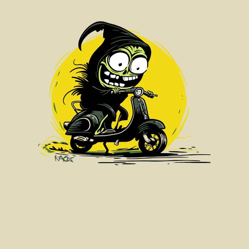 Funny cute Grim Reaper on a scooter