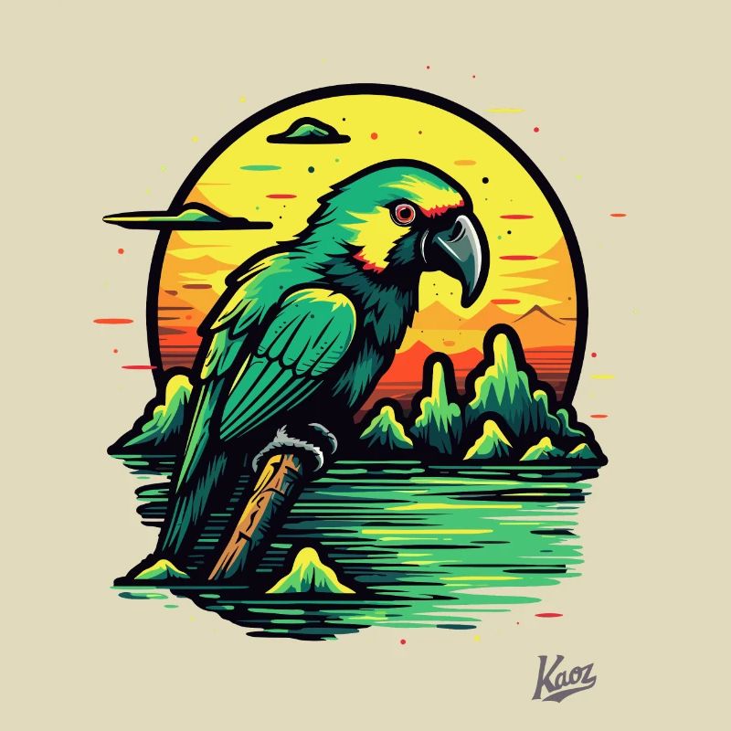 Coucher de soleil et perroquet vert