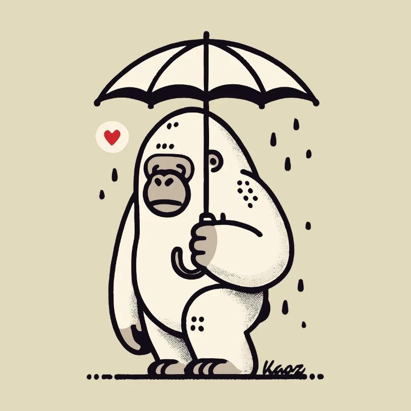 Trauriger Gorilla mit Regenschirm