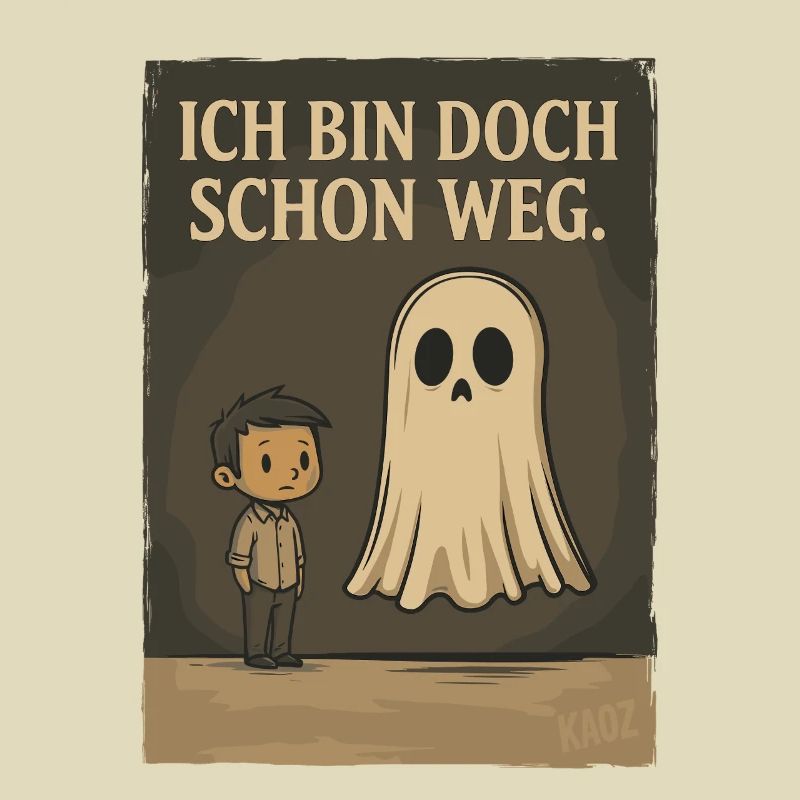 Junge mit Geist und Text „Ich bin doch schon weg“