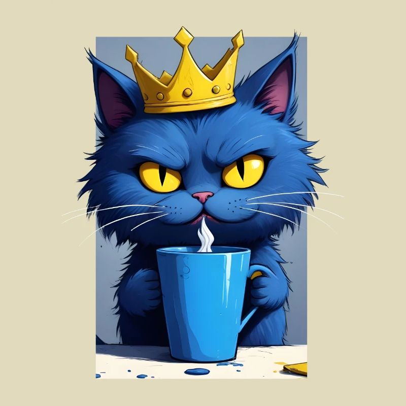 blaue Katze mit Kaffeetasse