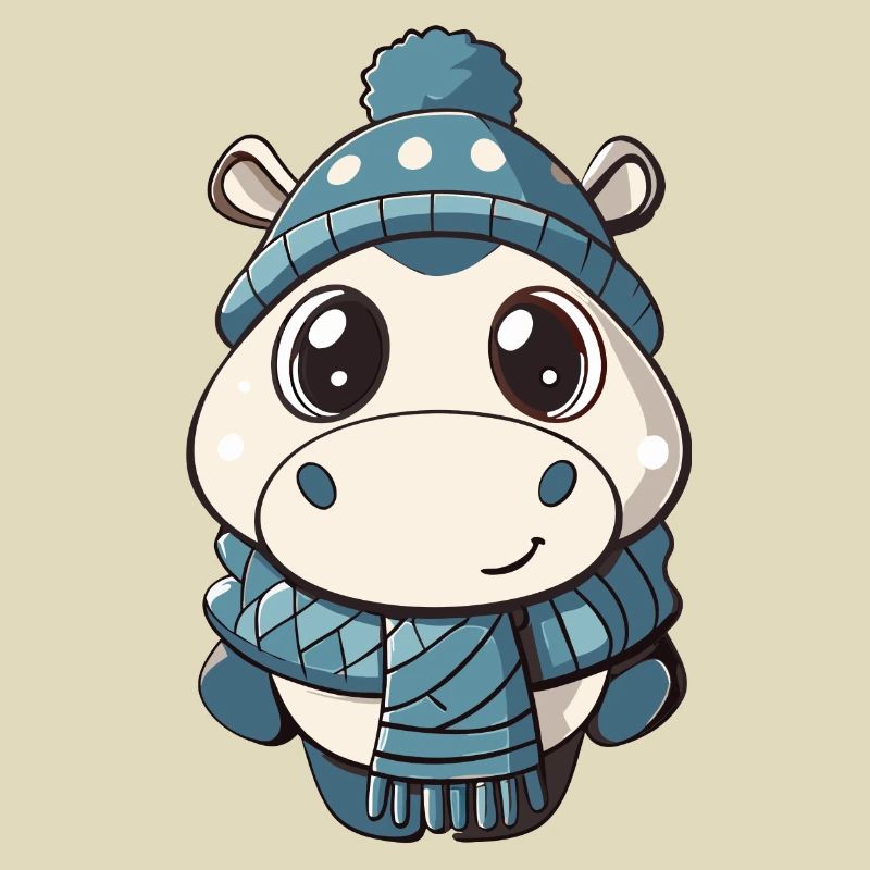 Hippopotame mignon avec écharpe et chapeau à pompon.