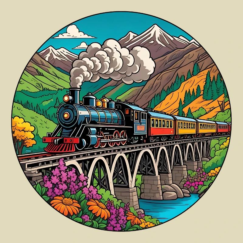 Bunter nostalgischer Eisenbahnzug mit Dampflok