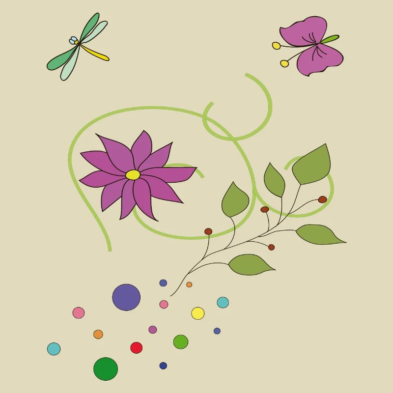 Blumenranke mit Schmetterling und Libelle