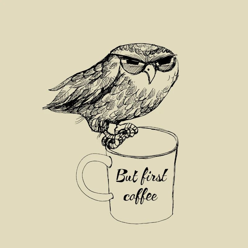 But first coffee! Eule mit eine Tasse Kaffe