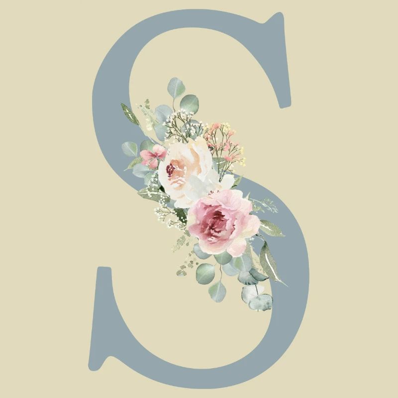 S| Monogram | Eucalyptus Pastel Flower Blue