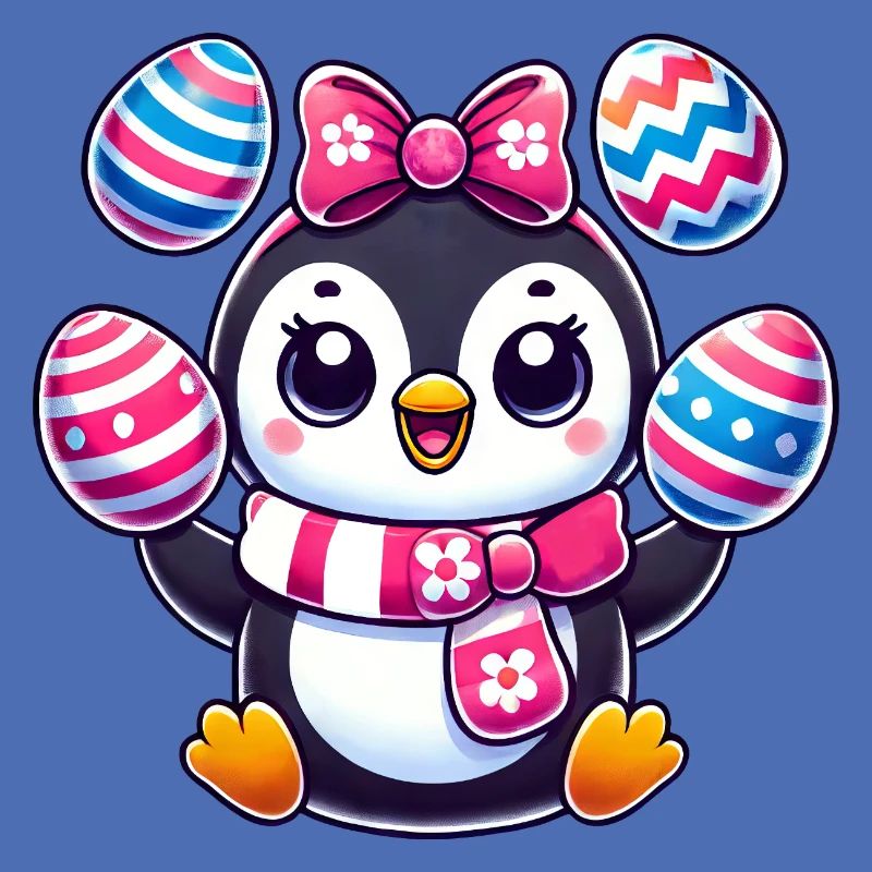 Easter penguin juggles colorful Easter eggs