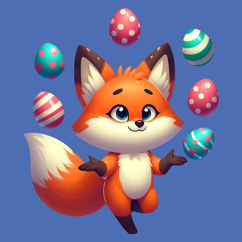 Juggling red fox with Easter eggs