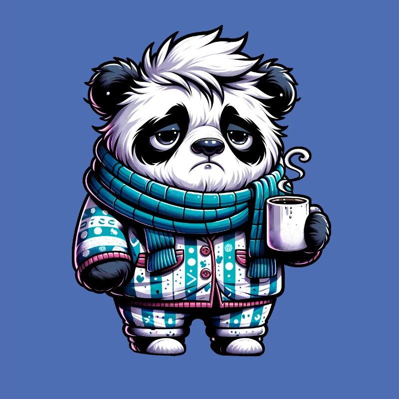 Panda in Pyjama und Schal mit einer Tasse Kaffee