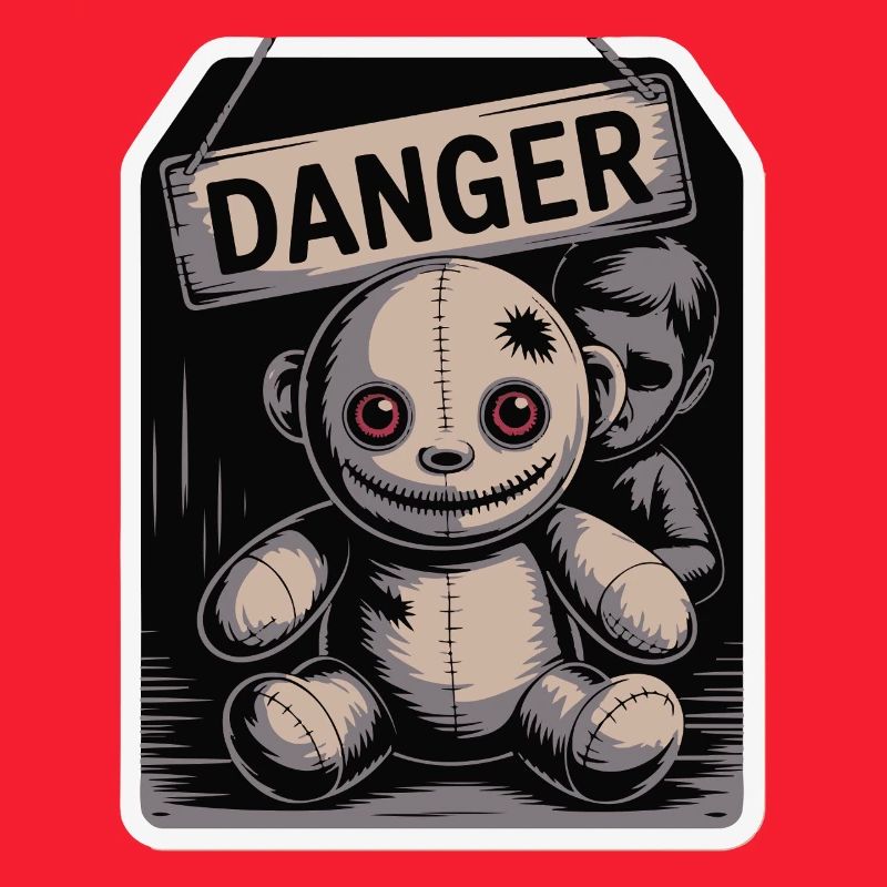 Poupée étrange avec un panneau de danger
