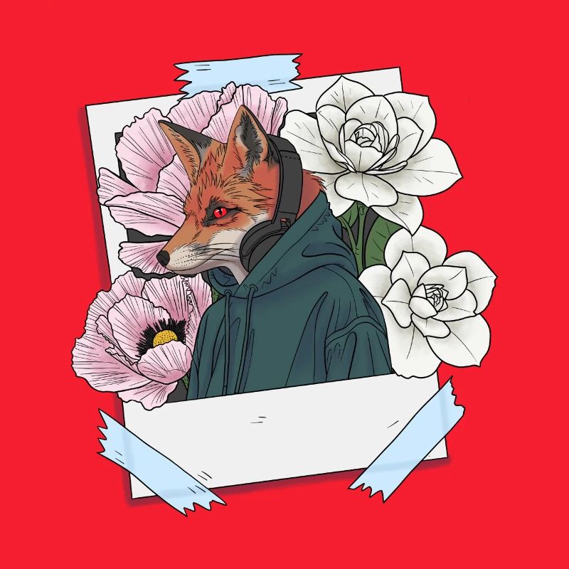 Fuchs mit Kopfhörern und Blumenthema