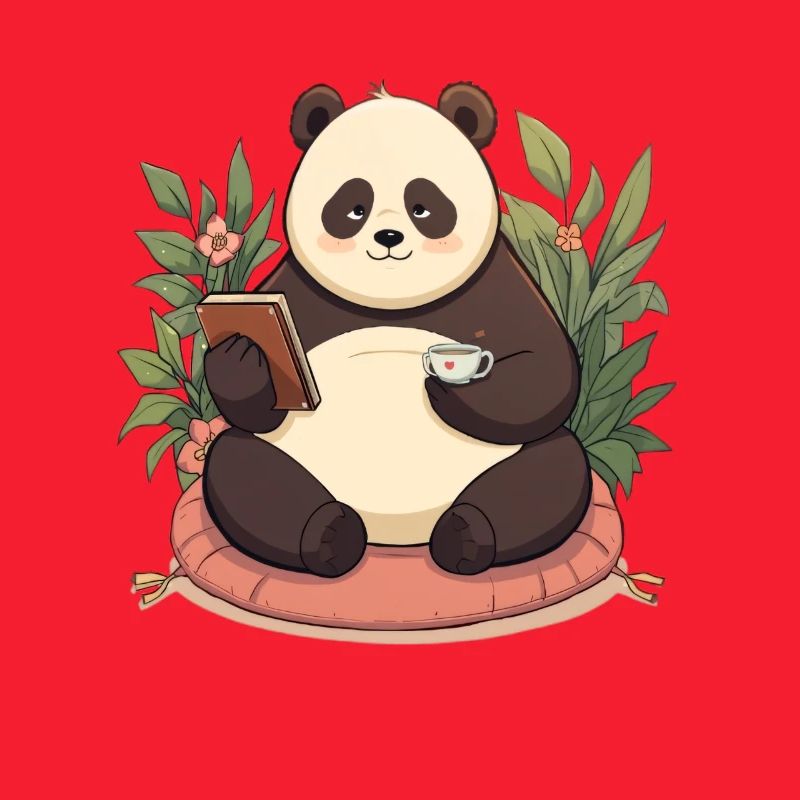 Panda beim Lesen mit Tee