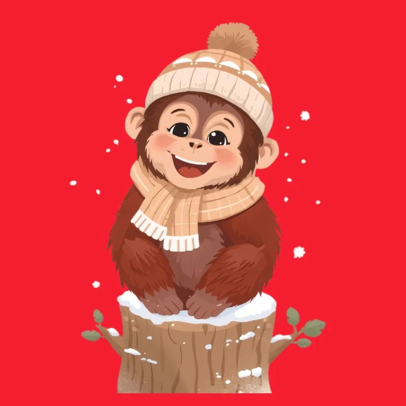 Winter monkey on tree stump