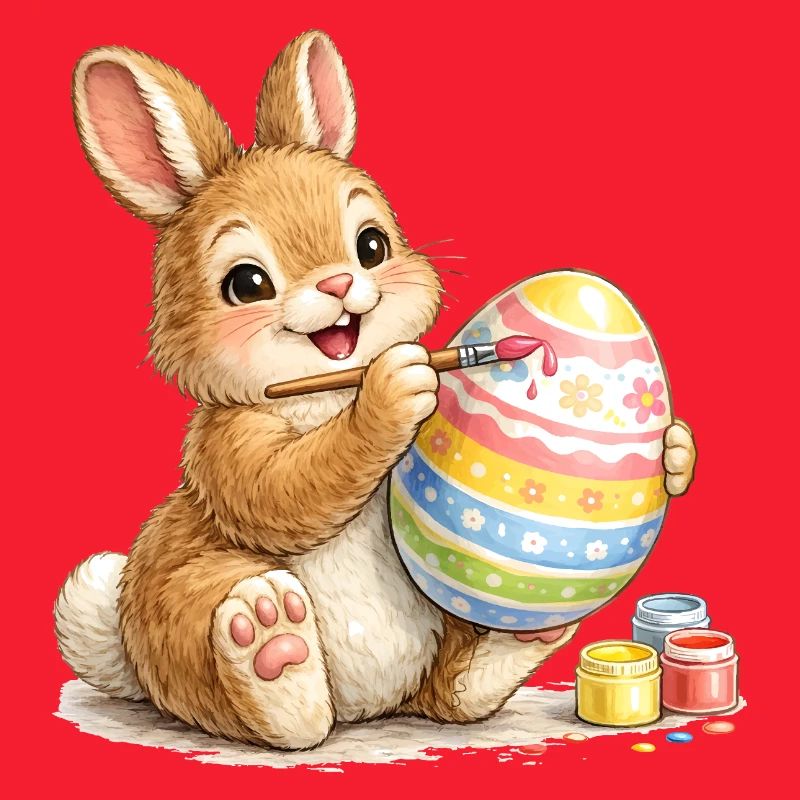 Bunny happily paints a colorful Easter egg