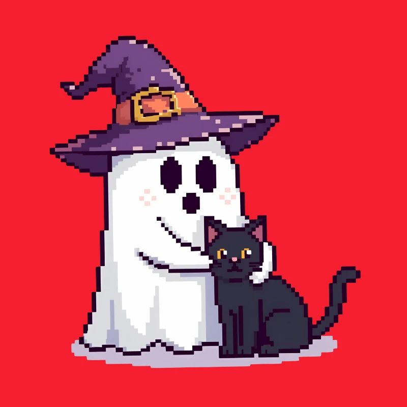 Pixel Geist mit Hexenhut & Katze – Halloween