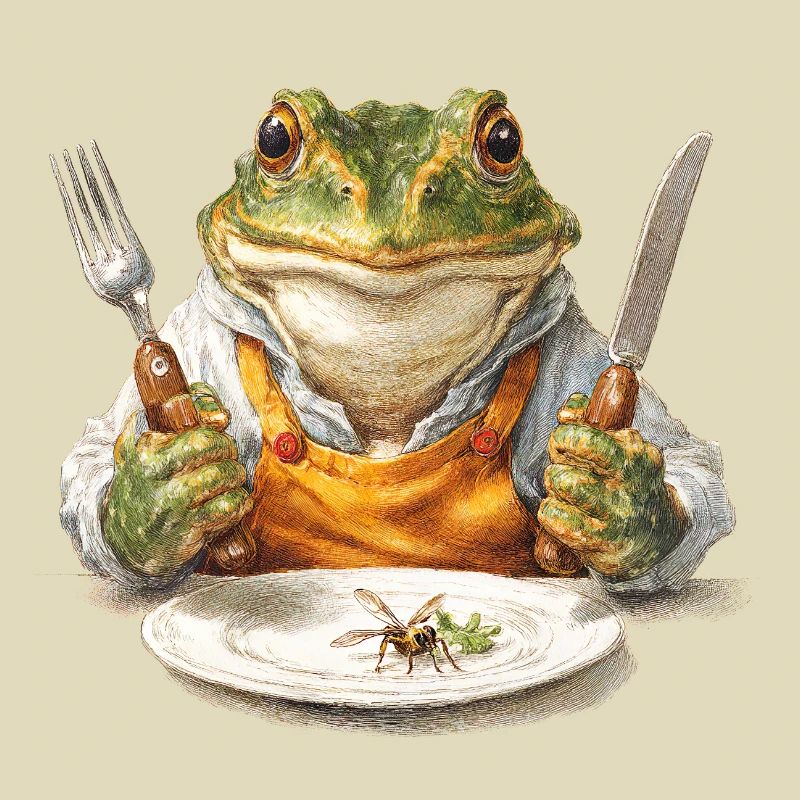 Frog chef with fork and knife