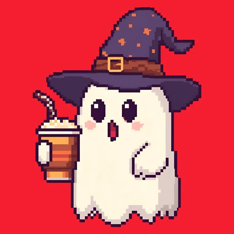 Pixel Ghost with Magic Hat & Pumpkin Spice Latte