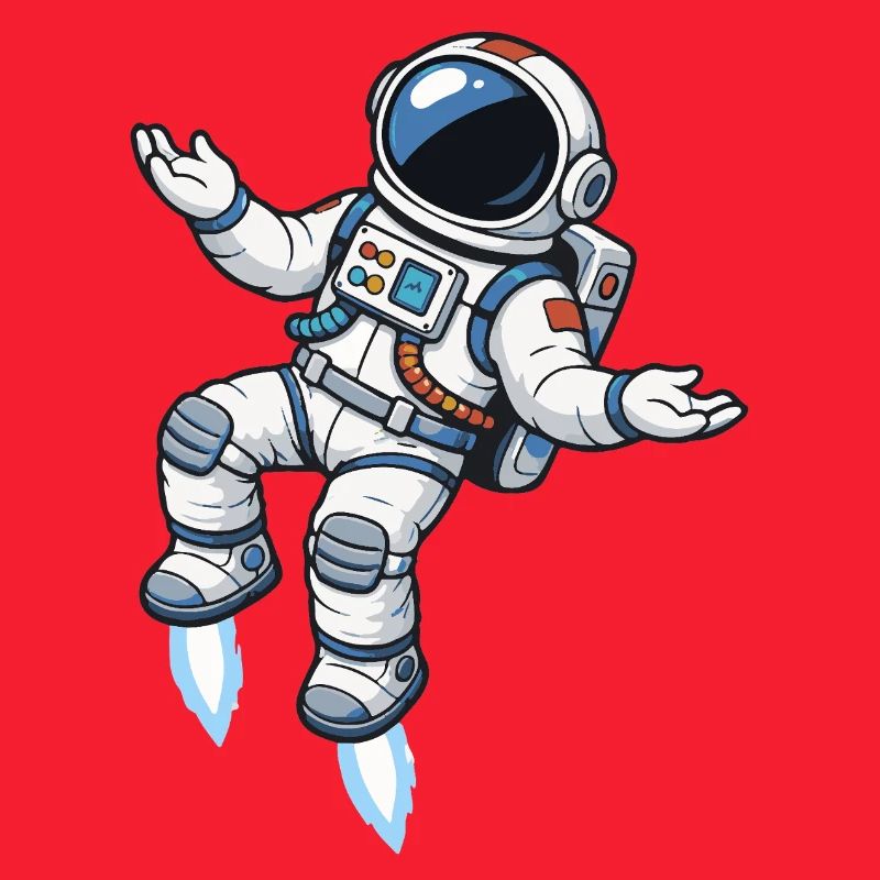 Schwebender Comic Astronaut mit Raketenantrieb