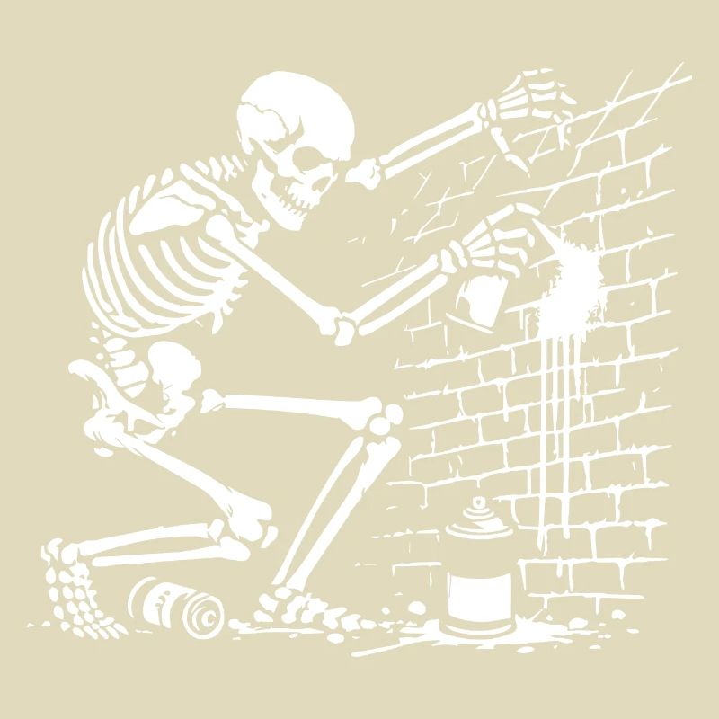 skeleton drawing a graffiti on the wall
