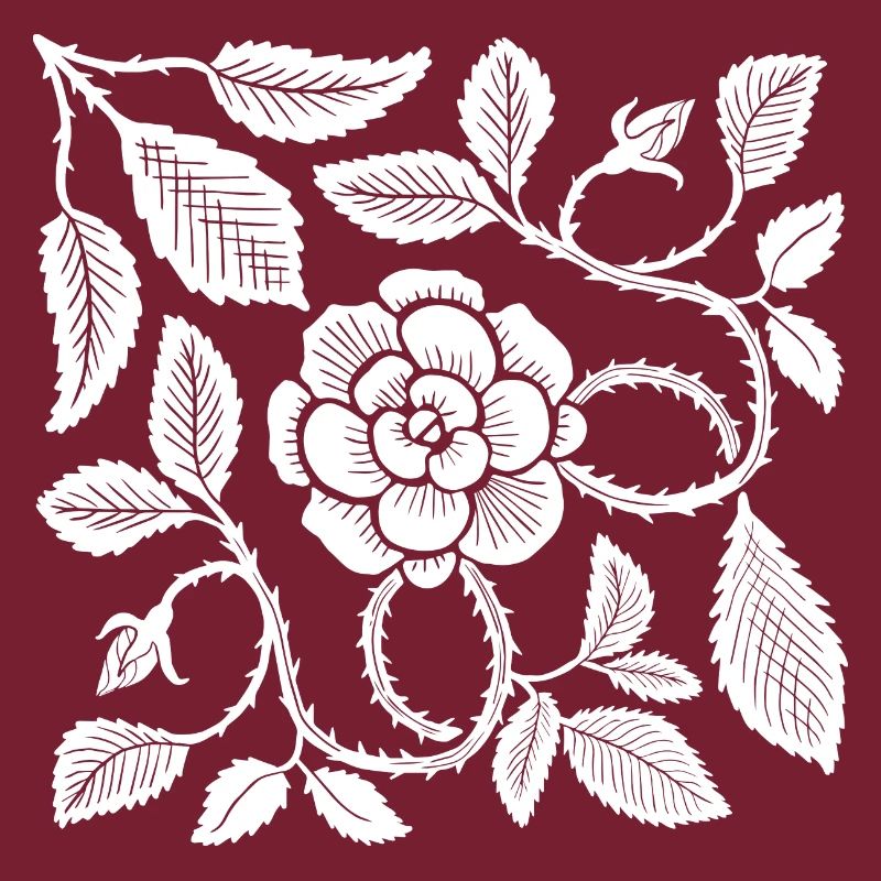 Botanischer Holzschnitt Weiße Rose mit Blättern