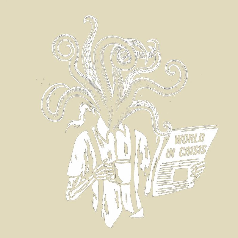 Coffee-drinking skeleton with tentacles, newspaper
