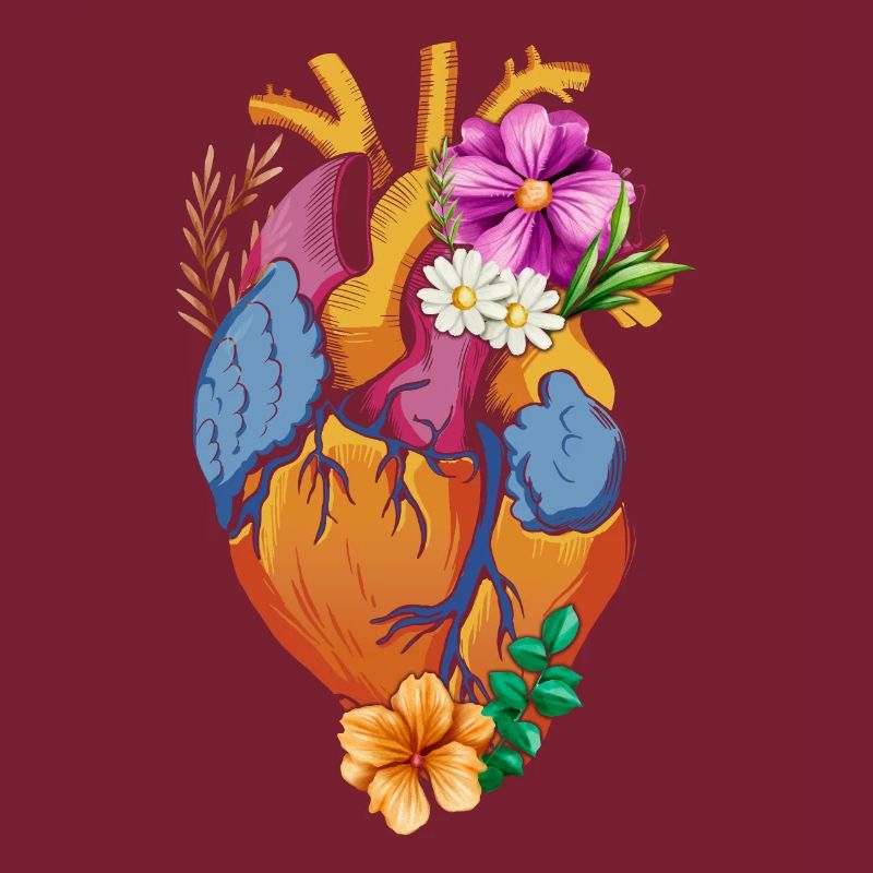 Anatomisches Herz und Blumen