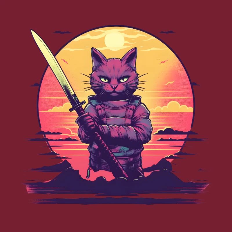Synthwave samurai Cat sunset