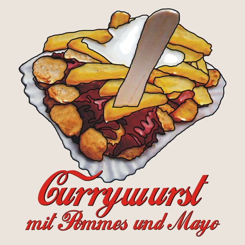 Currywurst with chips, mayo and text