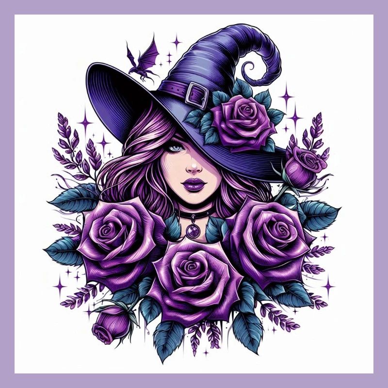 Hexe mit violett Rosen
