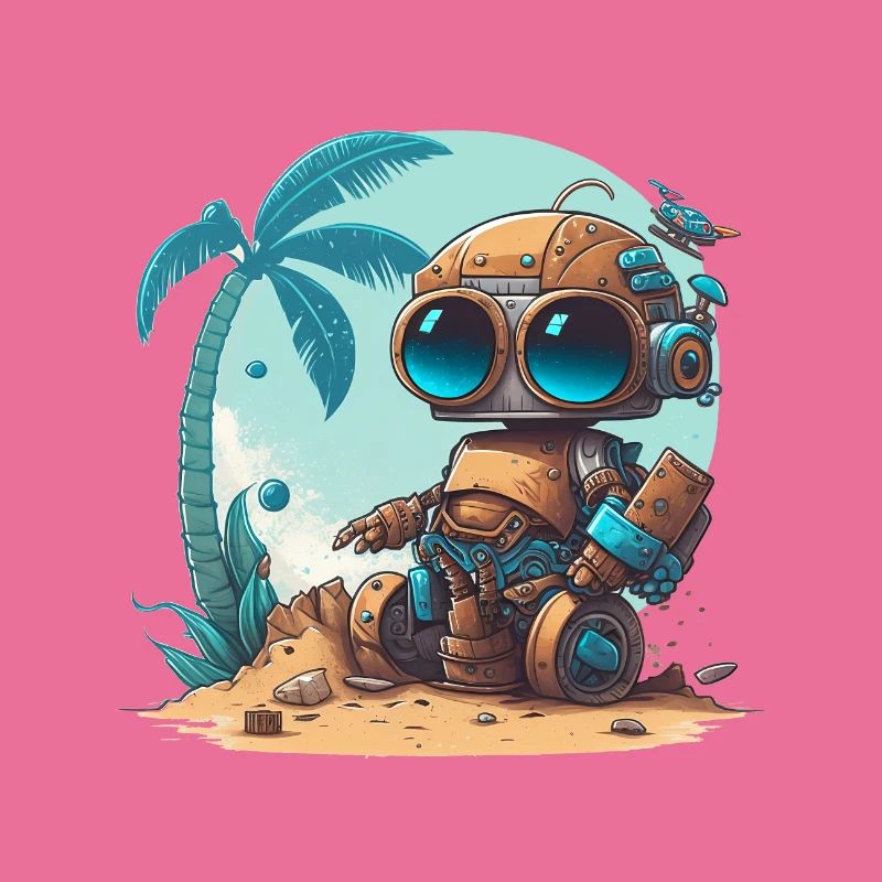 A small robot on the beach under a palm tree