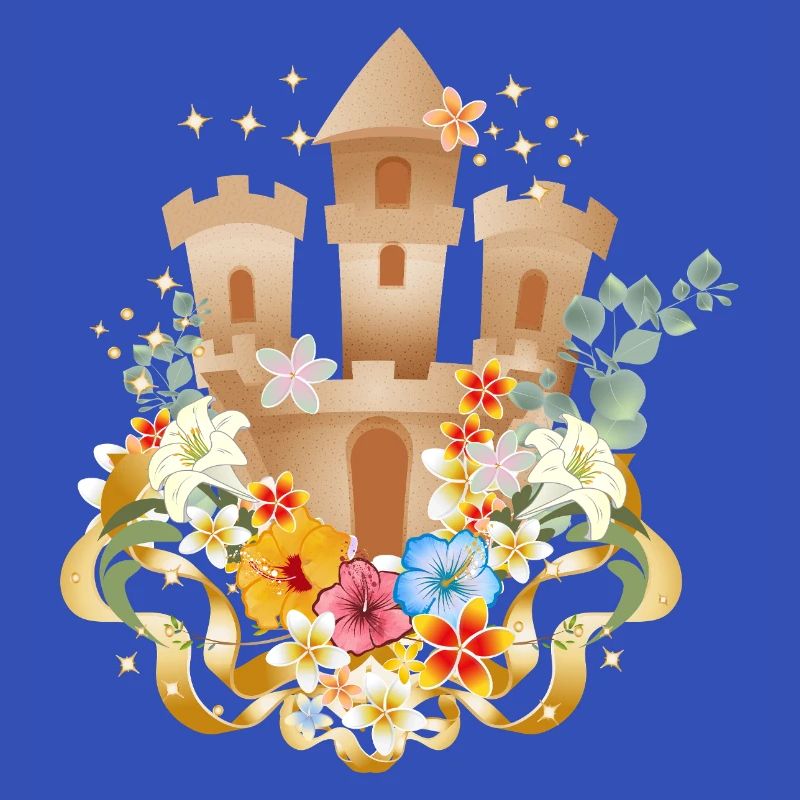 Château de sable avec des fleurs exotiques sur la plage
