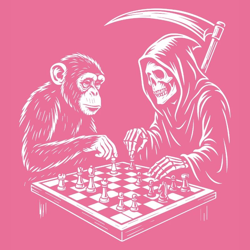 Grim Reaper joue aux échecs avec un chimpanzé