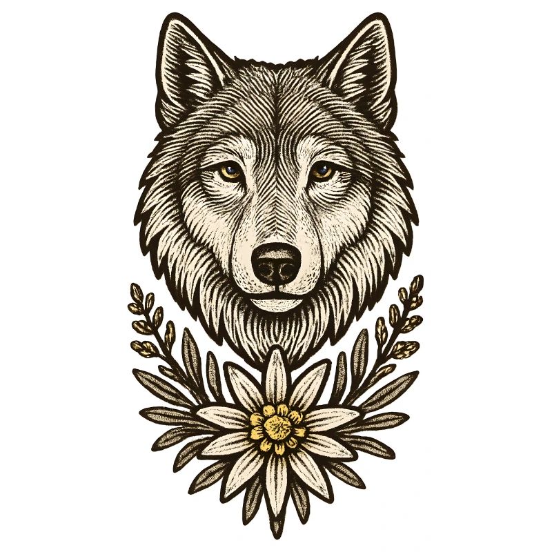 Wolfskopf mit Edelweiß