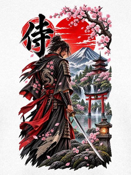 Samurai am Fuji mit Kirschblüten