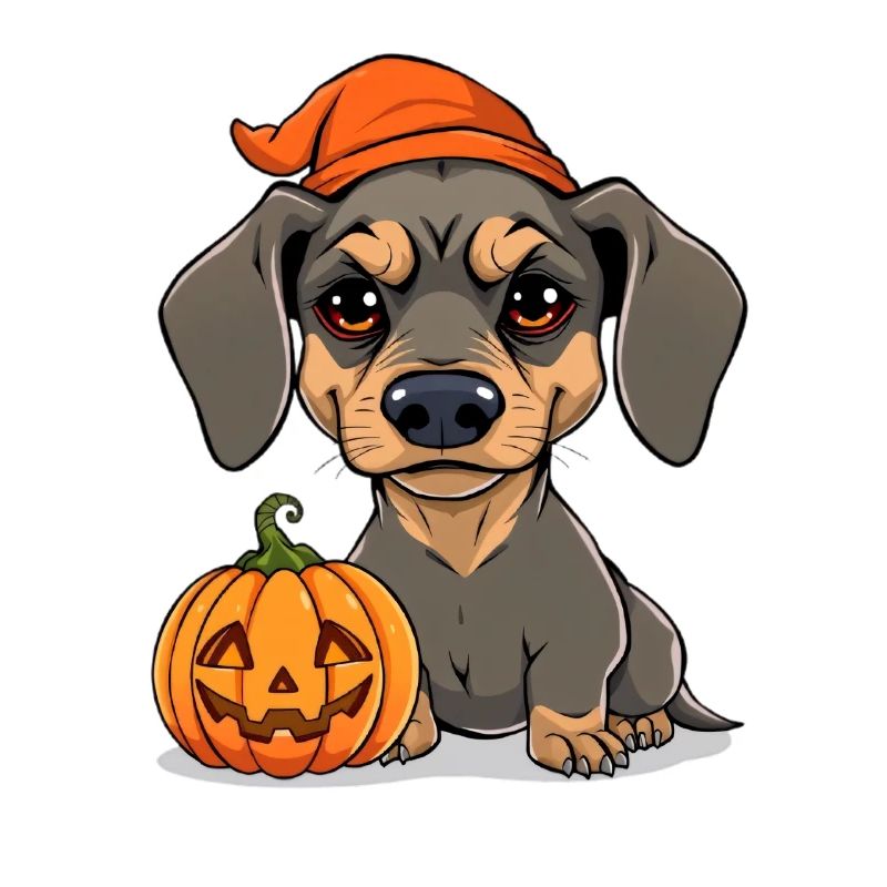 Halloween-Dackel mit Kürbis: Cartoon-Illustration