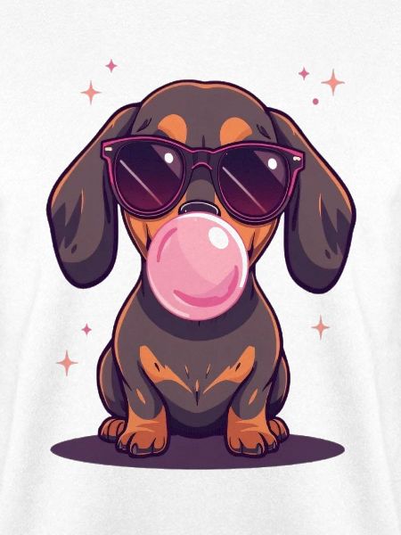 Dackel mit Sonnenbrille und Kaugummi