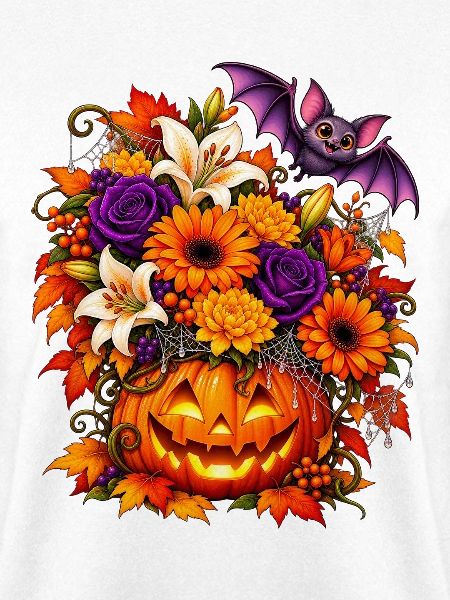 Halloween Kürbis mit Herbstblumen & Fledermaus 