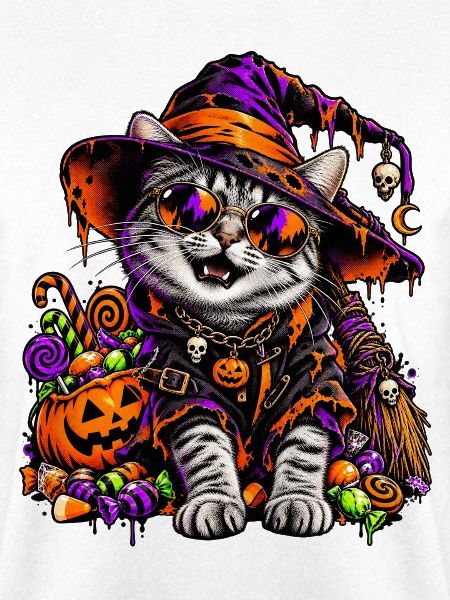 Bunte Halloween Hexenkatze mit Süßem
