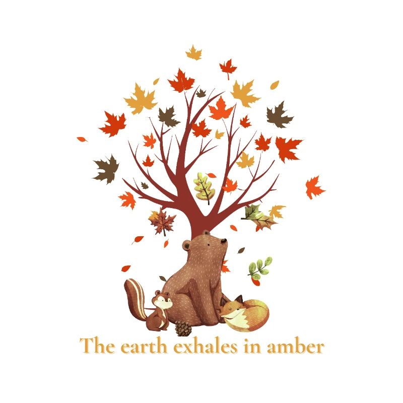 Waldtiere mit Herbstbaum und Spruch