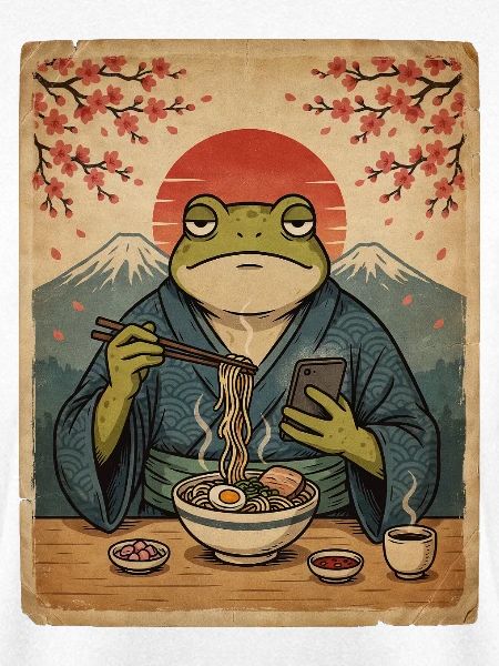 Frosch im Kimono-Nudel-Sonnenuntergang