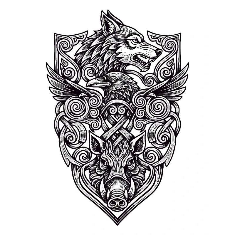 Wikinger-Totem: Wolf • Rabe • Wildschwein