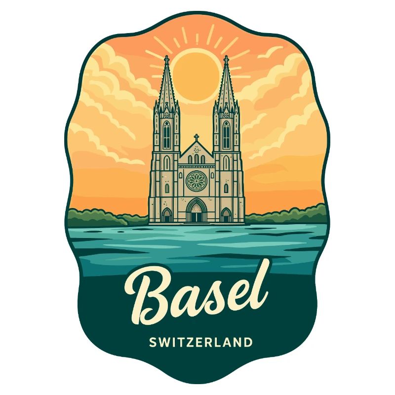 Basel Minster Retro Sonnenuntergangs-Reiseabzeichen