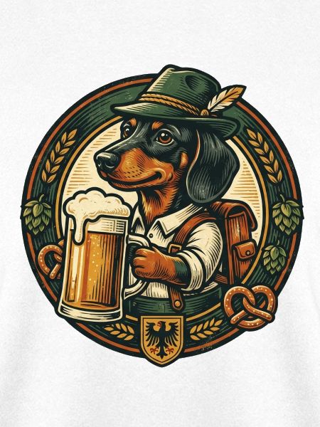 Dackel mit Bierkrug in Lederhosen